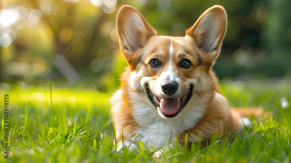 Smiling face cute lovely Corgi lying on the grass in a Summer park, Funny lovely pet dog, Dog on the background of nature. Generative AI