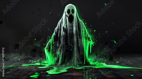 Ghost glowing neon green light on black background. Spooky ghostly creature with ectoplasm. Concept of horror and unease. Illustration for cover, card, postcard, interior design, decor or print. © Login