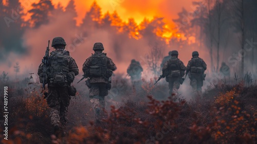 Soldiers navigating field with wildfire in background