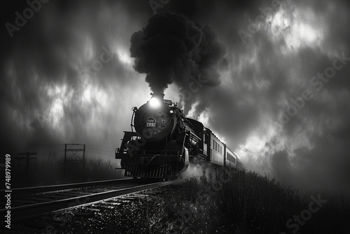 "Sleek Black Train: Modern Locomotive Cutting Through the Landscape"