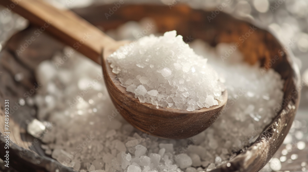 Sea Salt Crystals in Wooden Spoon, salt Sea Salt Crystals in Wooden Spoon, salt