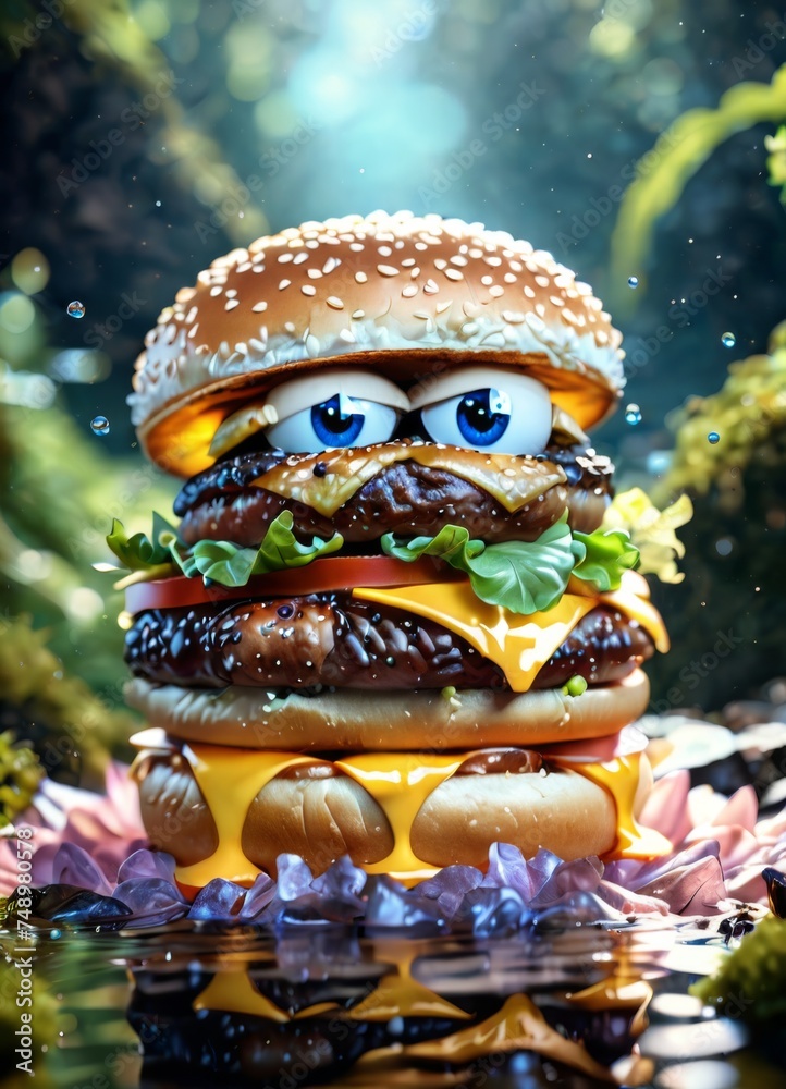 An anthropomorphic hamburger with large, expressive eyes sits amidst a fairy tale-like setting. Dew glistens on its sesame seed bun as it seems to gaze curiously at the viewer. AI generation An anthropomorphic hamburger with large, expressive eyes sits amidst a fairy tale-like setting. Dew glistens on its sesame seed bun as it seems to gaze curiously at the viewer. AI generation