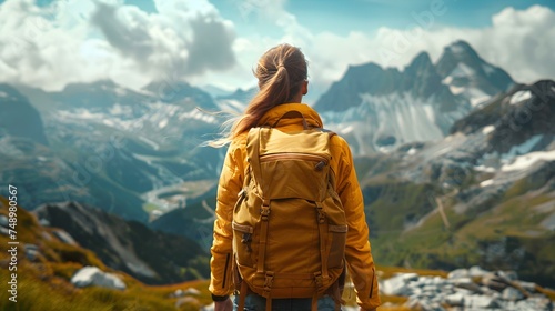Female hiker with backpack admires stunning natural landscapes during outdoor adventure. Concept Hiking, Backpacking, Nature Photography, Adventure Travel, Outdoor Exploration