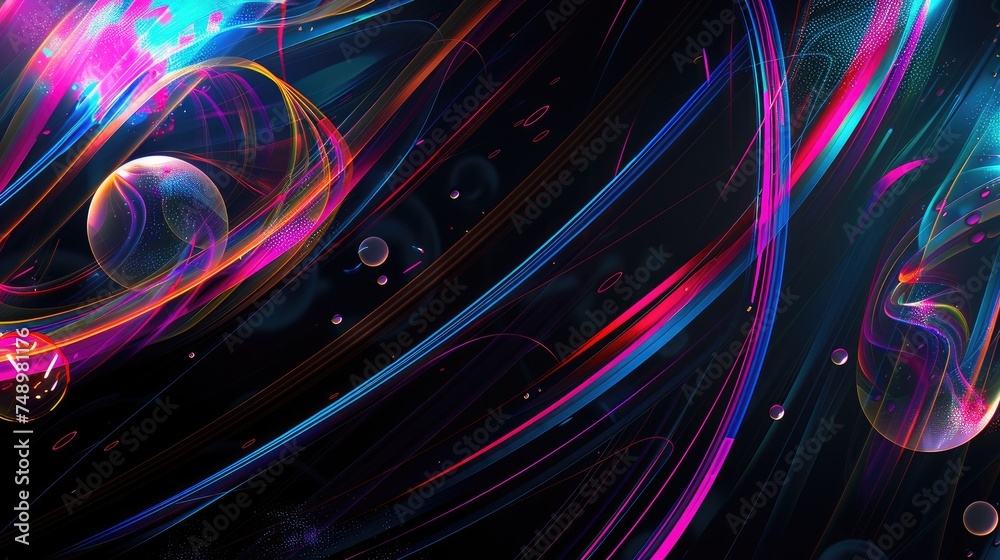 An abstract composition of luminous, flowing lines creates an illusion of digital waves across a dark backdrop, punctuated by translucent orbs floating gently above An abstract composition of luminous, flowing lines creates an illusion of digital waves across a dark backdrop, punctuated by translucent orbs floating gently above