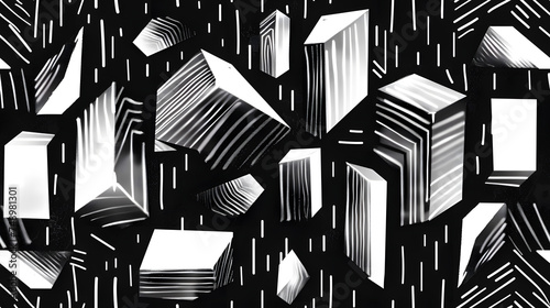 Seamless whimsical abstract hand drawn playful geometric polygon stripe doodle pattern. Trendy black and white diamond geode landscape line art drawing repeating background. Simple monochrome motif.