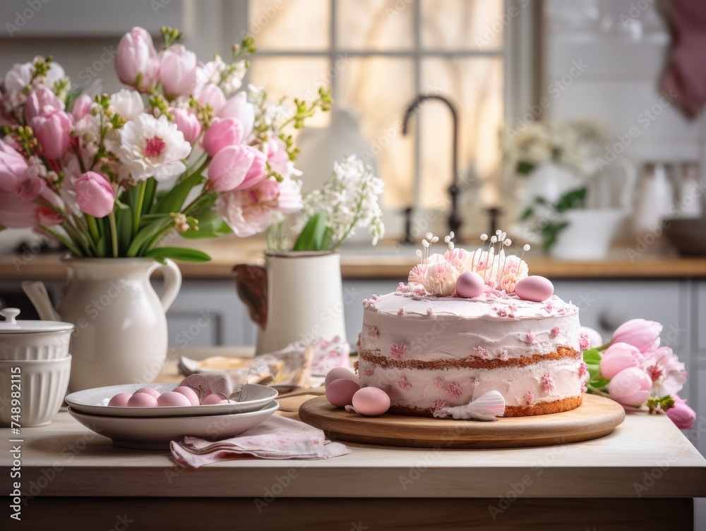 A warmly lit, cozy kitchen scene featuring a beautifully decorated cake with pink cream and edible flowers, surrounded by fresh blossoms in a vase, delicate eggs, a vintage tea set A warmly lit, cozy kitchen scene featuring a beautifully decorated cake with pink cream and edible flowers, surrounded by fresh blossoms in a vase, delicate eggs, a vintage tea set