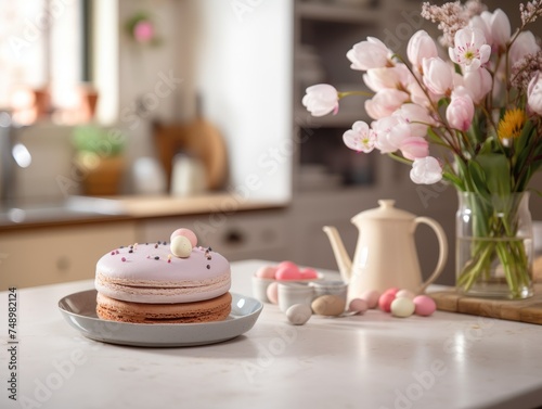 A warmly lit, cozy kitchen scene featuring a beautifully decorated cake with pink cream and edible flowers, surrounded by fresh blossoms in a vase, delicate eggs, a vintage tea set