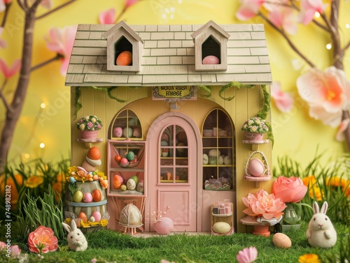 A charming Easter-themed setup with pastel-colored eggs  playful bunny figures  and vibrant spring flowers. 