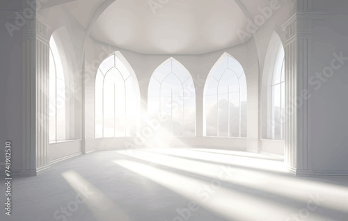 Empty room interior with large windows, a concrete floor, white walls and ceiling with an original decoration in it. 3d rendering mock up toned image 