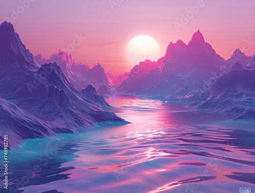 Alien landscapes lit by holographic sunsets surreal rivers flowing through holographic mountains