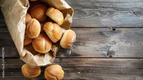 A bag full of bread rolls has spilled out, resting on top of a wooden table. The rolls are neatly arranged, showcasing their freshness and texture.