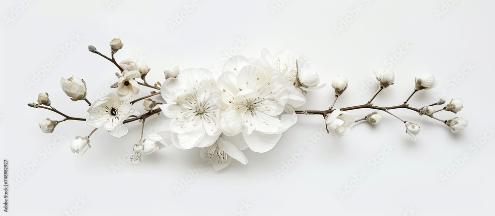 A branch of delicate white flowers is elegantly displayed against a clean white background, creating a striking contrast and highlighting the beauty of the blossoms.