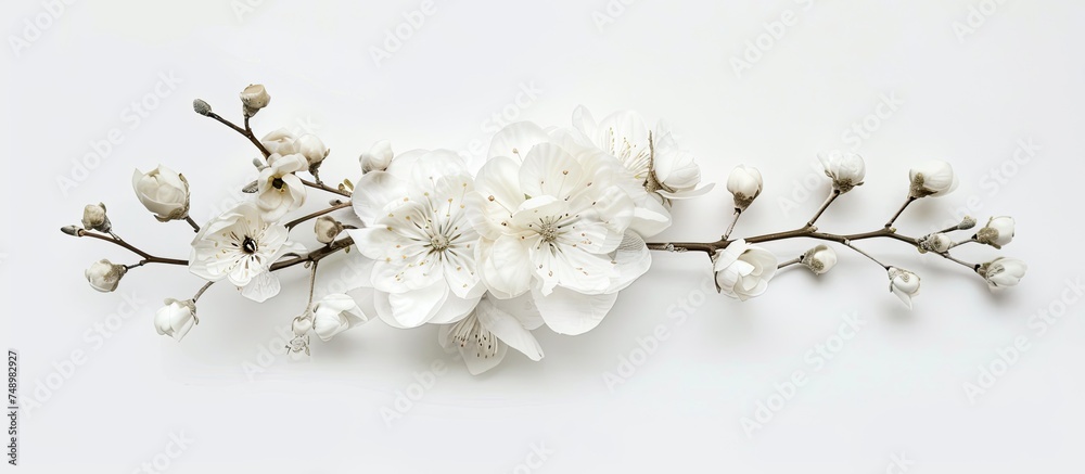 A branch of delicate white flowers is elegantly displayed against a clean white background, creating a striking contrast and highlighting the beauty of the blossoms. A branch of delicate white flowers is elegantly displayed against a clean white background, creating a striking contrast and highlighting the beauty of the blossoms.