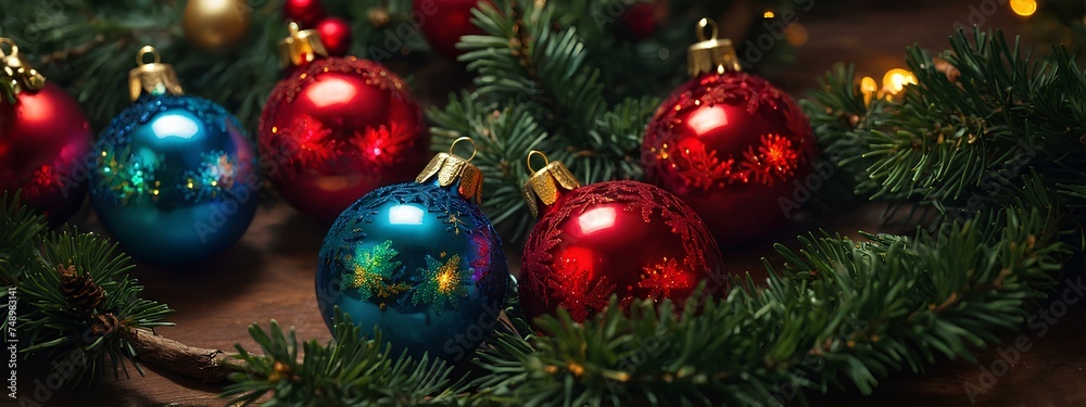 Christmas tree with blue and red balls decoration