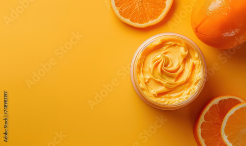 bright orange skincare cream texture with citrus fruit and peel on monochromatic background,copy space for text