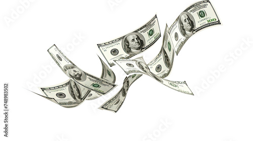 Dollars flying money curved in different ways on transparent or white background