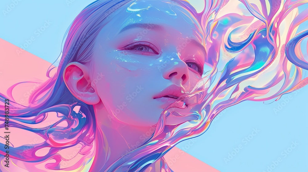 A vibrant digital artwork featuring a female figure with swirling, colorful hair