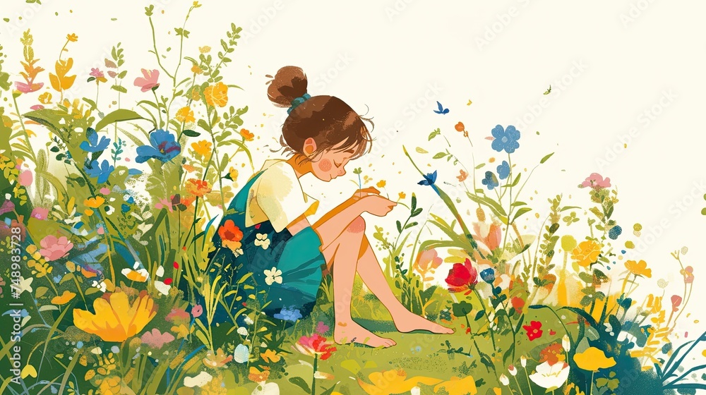 A girl is sitting peacefully among abundant wildflowers