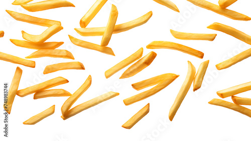 Falling French fries, potato fry isolated on transparent background, clipping path, full depth of field