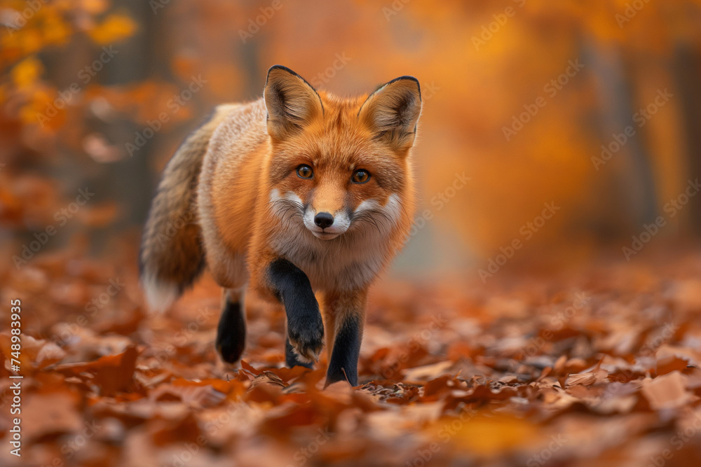 A red fox with a beautiful fluffy tail runs through the autumn forest