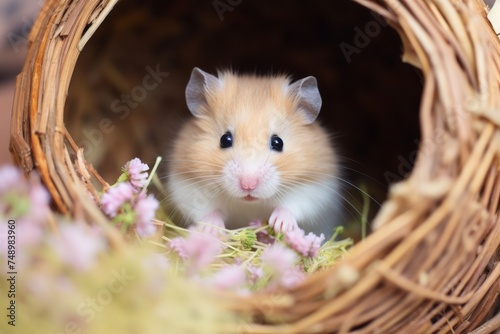 beige cute hamster pet at his little home closeup. Vet clinic poster. 