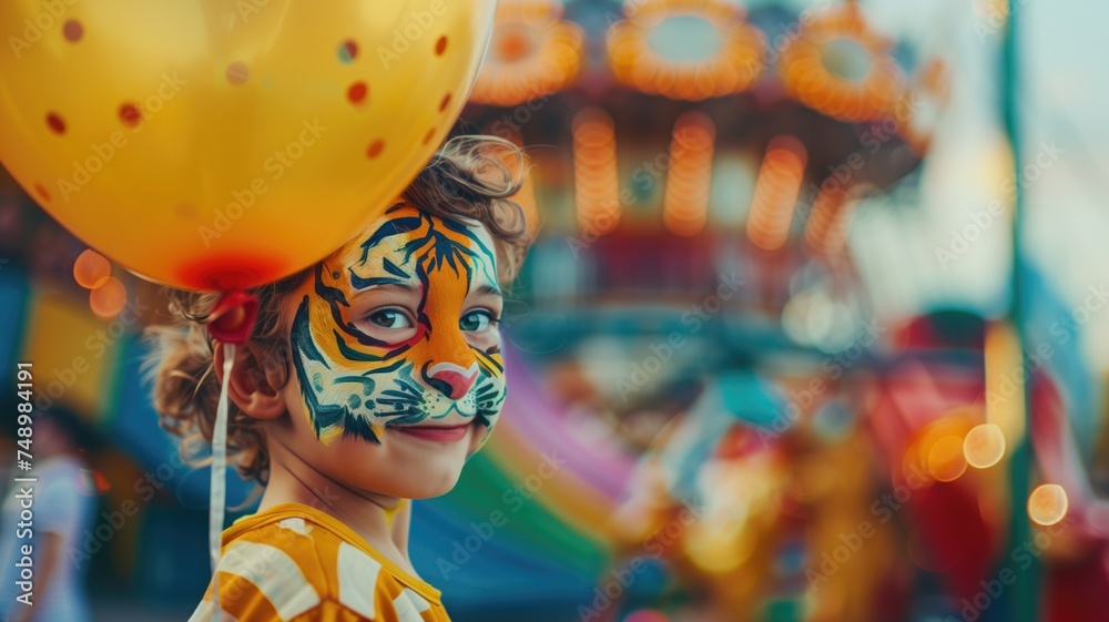 Child with face paint and balloon at a funfair - obrazy, fototapety, plakaty 
