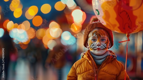 Young child with tiger face paint holds a balloon at a festive event © Artyom