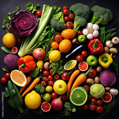Healthy eating fresh ingredients isolated on black background in round shape or circle. Vegetables  berries and fruit from Mediterranean diet.