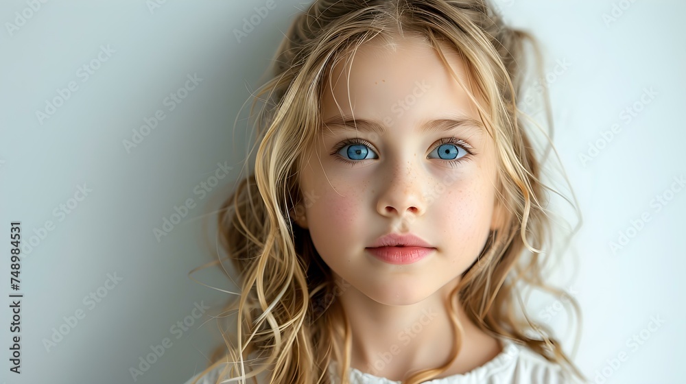 A young girl poses charmingly against a white backdrop exuding innocence. Concept Portrait Photography, White Backdrop, Innocence, Young Girl, Charming Pose A young girl poses charmingly against a white backdrop exuding innocence. Concept Portrait Photography, White Backdrop, Innocence, Young Girl, Charming Pose