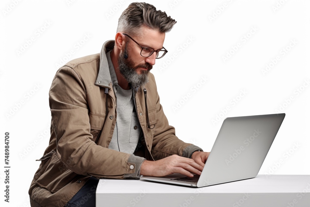 hipster guy in glasses in beige jacket working on laptop isolated on white background copy space right hipster guy in glasses in beige jacket working on laptop isolated on white background copy space right
