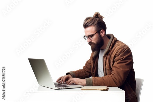 hipster guy in glasses in brown jacket working on laptop isolated on white background copy space left