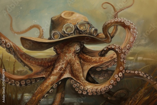 A painting of an octopus wearing a hat. Surreal illustration with steampunk and wild west elements.