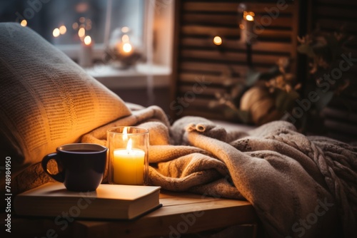 hygge concept of living. Scandinavian rustic cabin home interior design with candlelight cozy lighting. Book, candles and tea mug. 