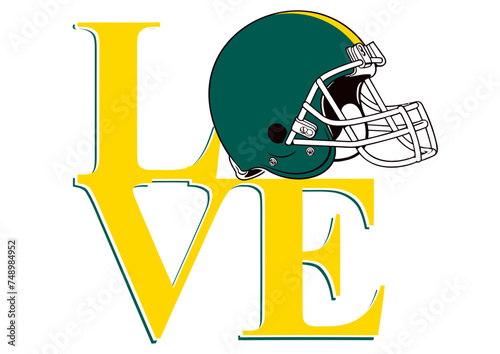 Love - word- Yellow and Green football player helmet, sport vector graphics, hockey, for websites, greetings, banners, cards,, t-shirt, sweatshirt, prints, cricut, silhouette,
