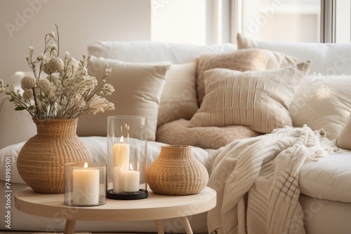 cozy couch or sofa hygge home interior close up with blankets and pillows. Nordic Scandinavian house with candles or apartment closeup. 