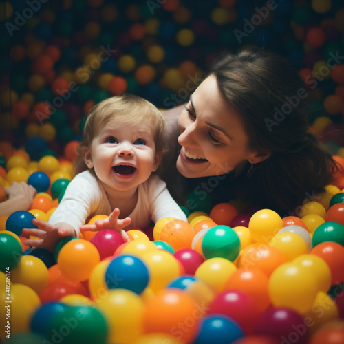 Daughter and mother playing in a ball pit. 