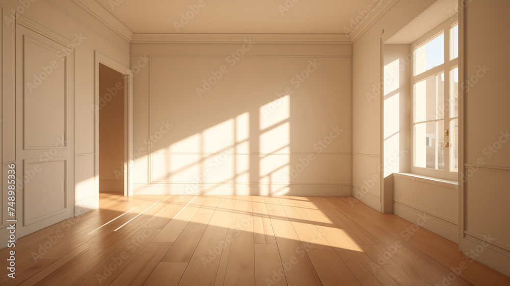 Fototapeta premium Sun-drenched empty room with shadow play on the hardwood floor from large windows