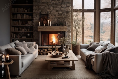 hygge cozy scandinavian home living room apartment interior with fireplace © Dina