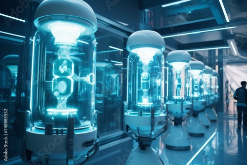 futuristic laboratory interior with neon white blue light. Developing inhalable vaccine in lab. Looking for cure from cancer, AIDS and virus. photo