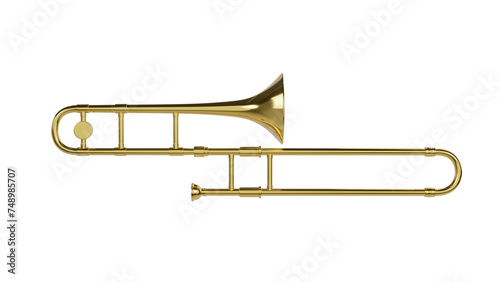 Brass trombone isolated on transparent and white background. Music concept. 3D render photo