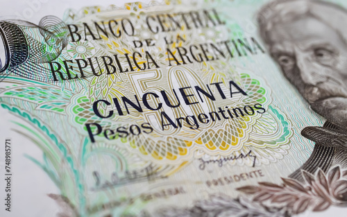 Closeup of Argentina Peso old currency banknote of central bank (focus on center)