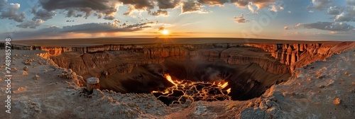 Panoramic view Darvaza Fire Crater at sunset  photo