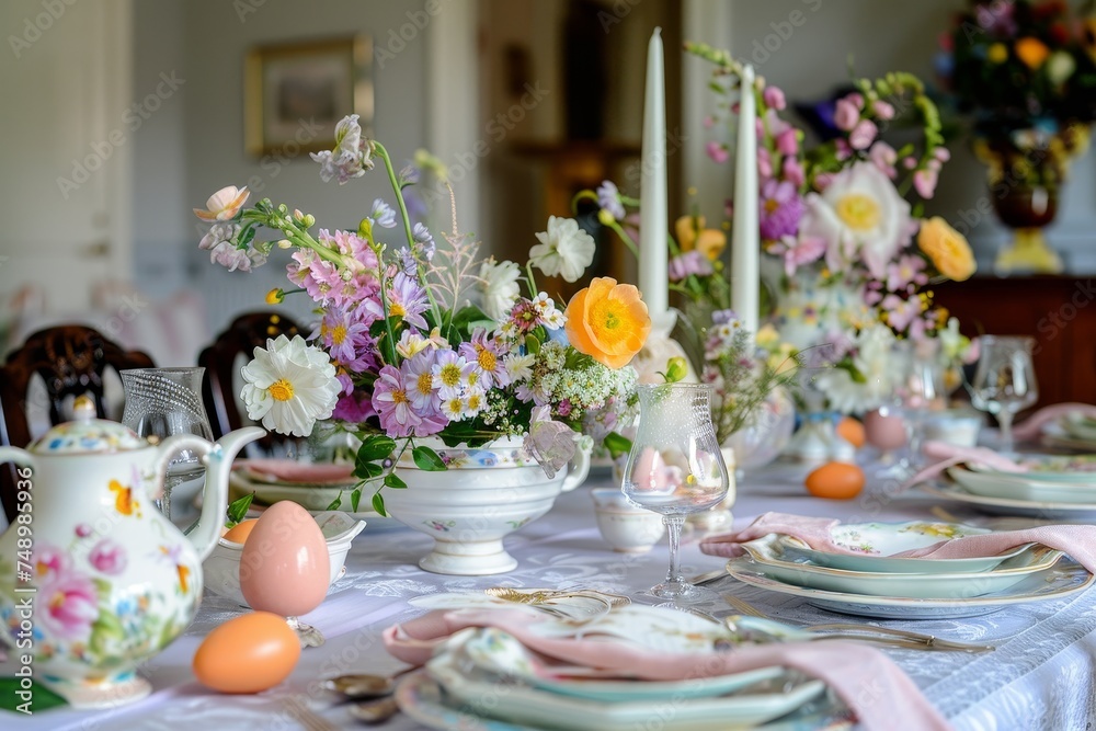 A Lavish Easter Brunch Table Setting, Adorned with Pastel Tablecloths, Blooming Spring Flowers, and Elegant Porcelain, Ready to Welcome Family and Friends for a Memorable Celebration
