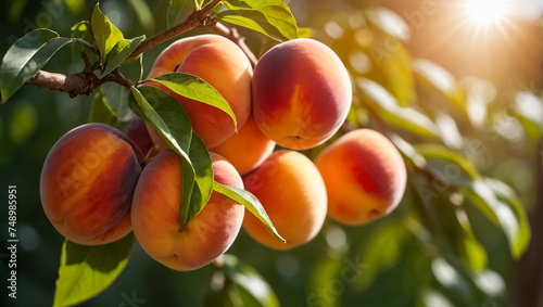 ripe peaches on a branch in the garden