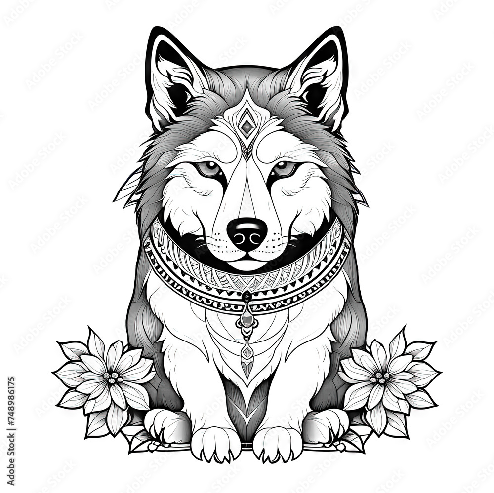 Naklejka premium Portrait of husky in grayscale, tattoo, pattern for coloring book. Art Nouveau style, isolated on a white background.