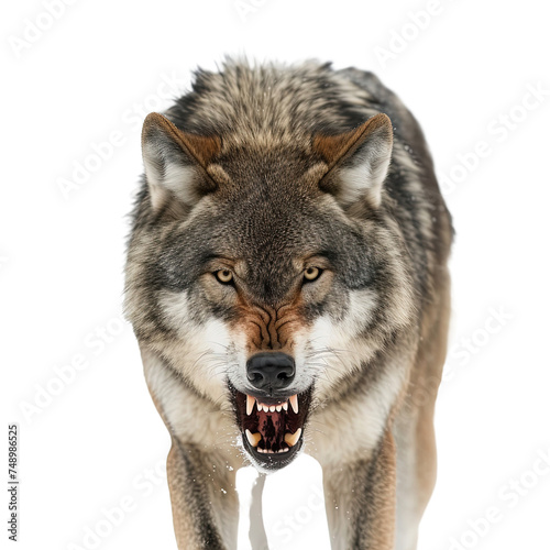 Front view of ferocious looking Wolf animal looking isolated on white or transparent background