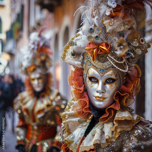 Venetian Carnival Elegance - Masked Reveler in Costume