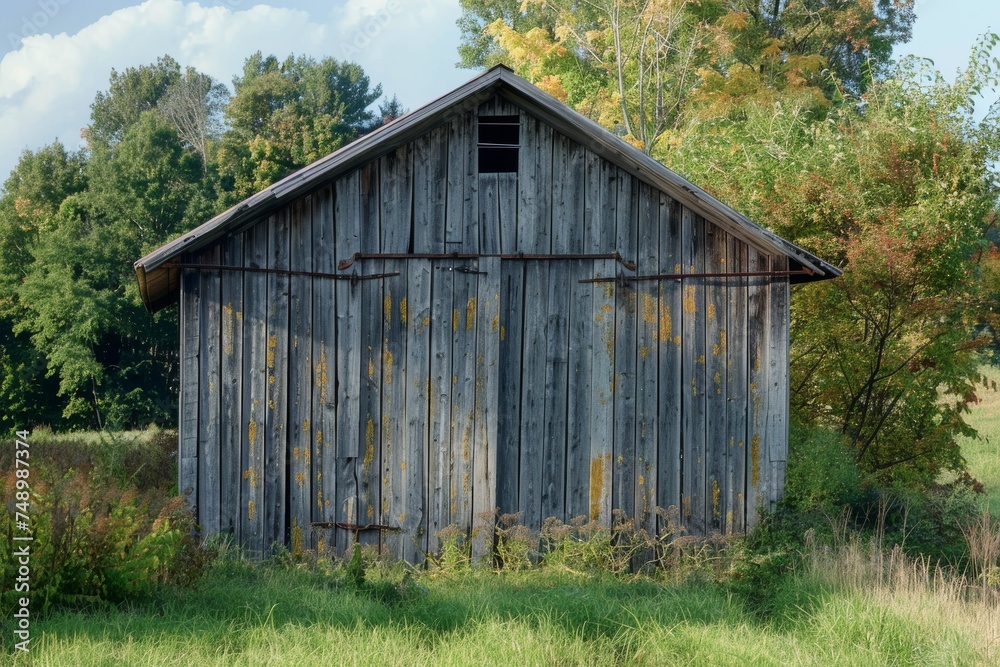 A weathered wooden barn surrounded by lush greenery and trees under a clear sky. A weathered wooden barn surrounded by lush greenery and trees under a clear sky.