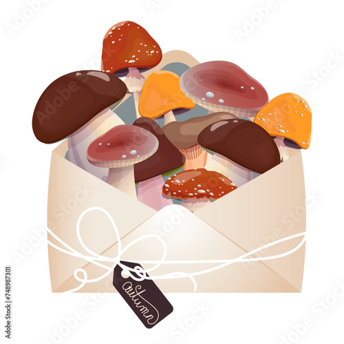 Autumn mushrooms. Envelope with mushrooms. September 24, October 3, September 28, European Mushroom Day. Autumn in an envelope.  Mushrooms as a symbol of the autumn season. Autumn vector illustration.