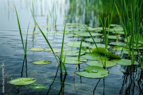 A serene pond with green lily pads and tall grasses reflecting in the calm water. © Sandris